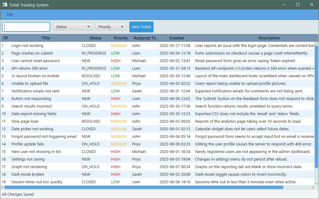 Ticket Tracking App UI - Tickets List